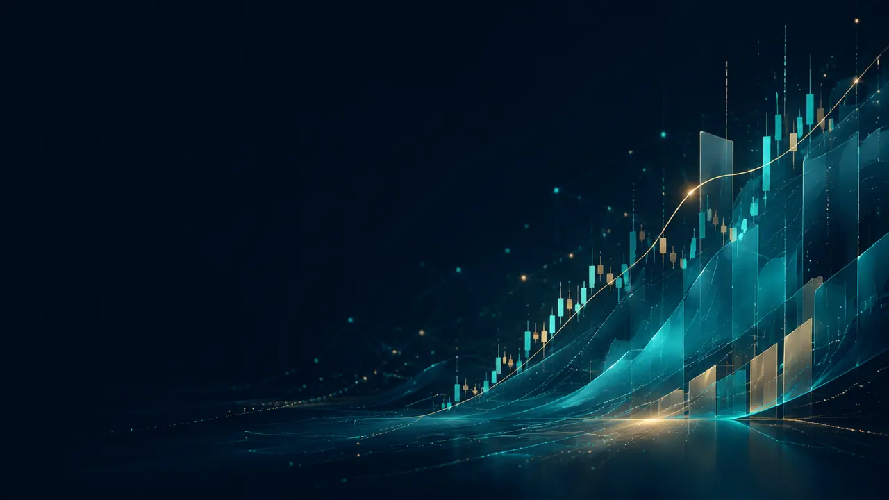 Visualisation abstraite de l’analyse de marché par Couponeau AI, en bleu nuit et turquoise