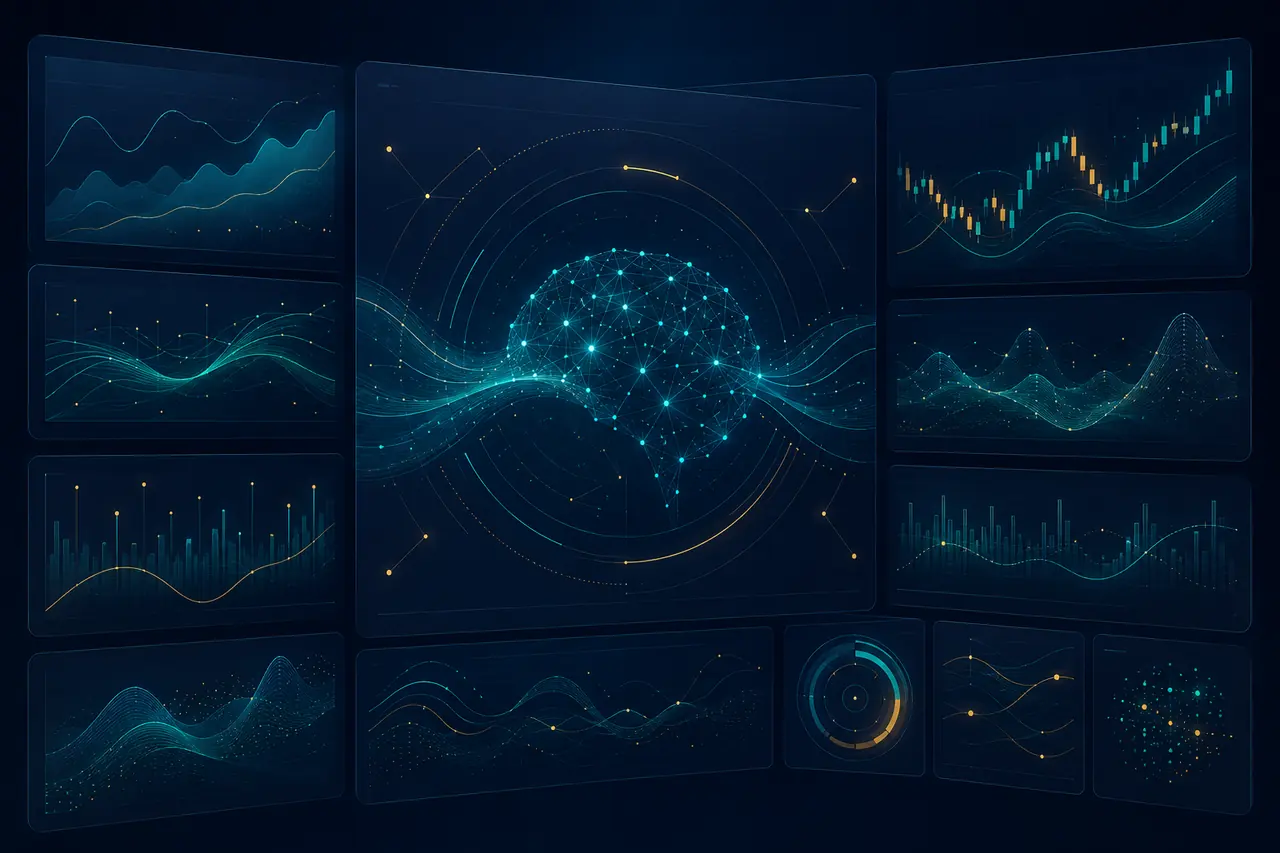 Maquette conceptuelle du tableau de bord de la plateforme de trading Couponeau, avec graphiques abstraits