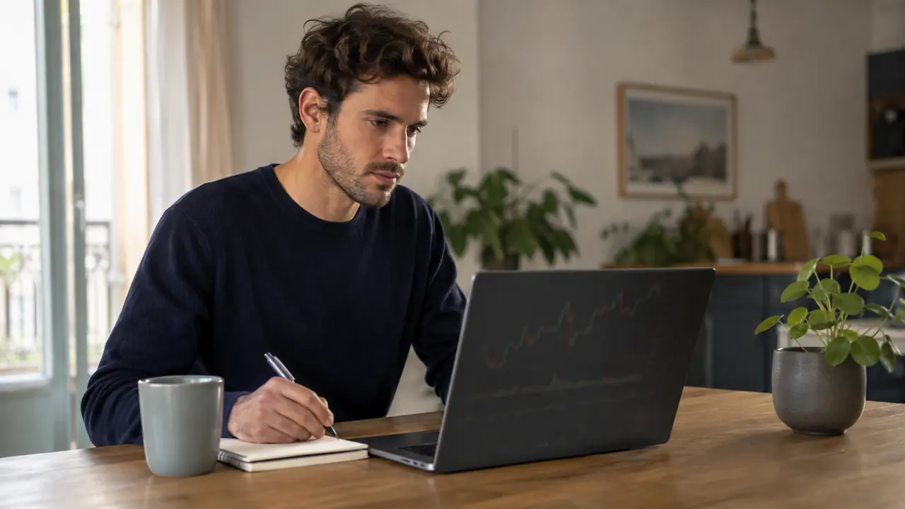 Trader débutant en France consultant calmement une application de trading IA sur ordinateur portable